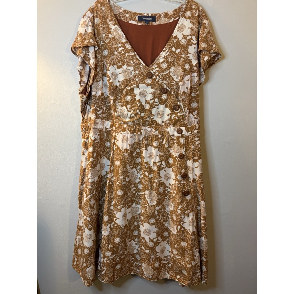 MODCLOTH Brown & Ivory Floral Faux Wrap Dress 4X Cottage